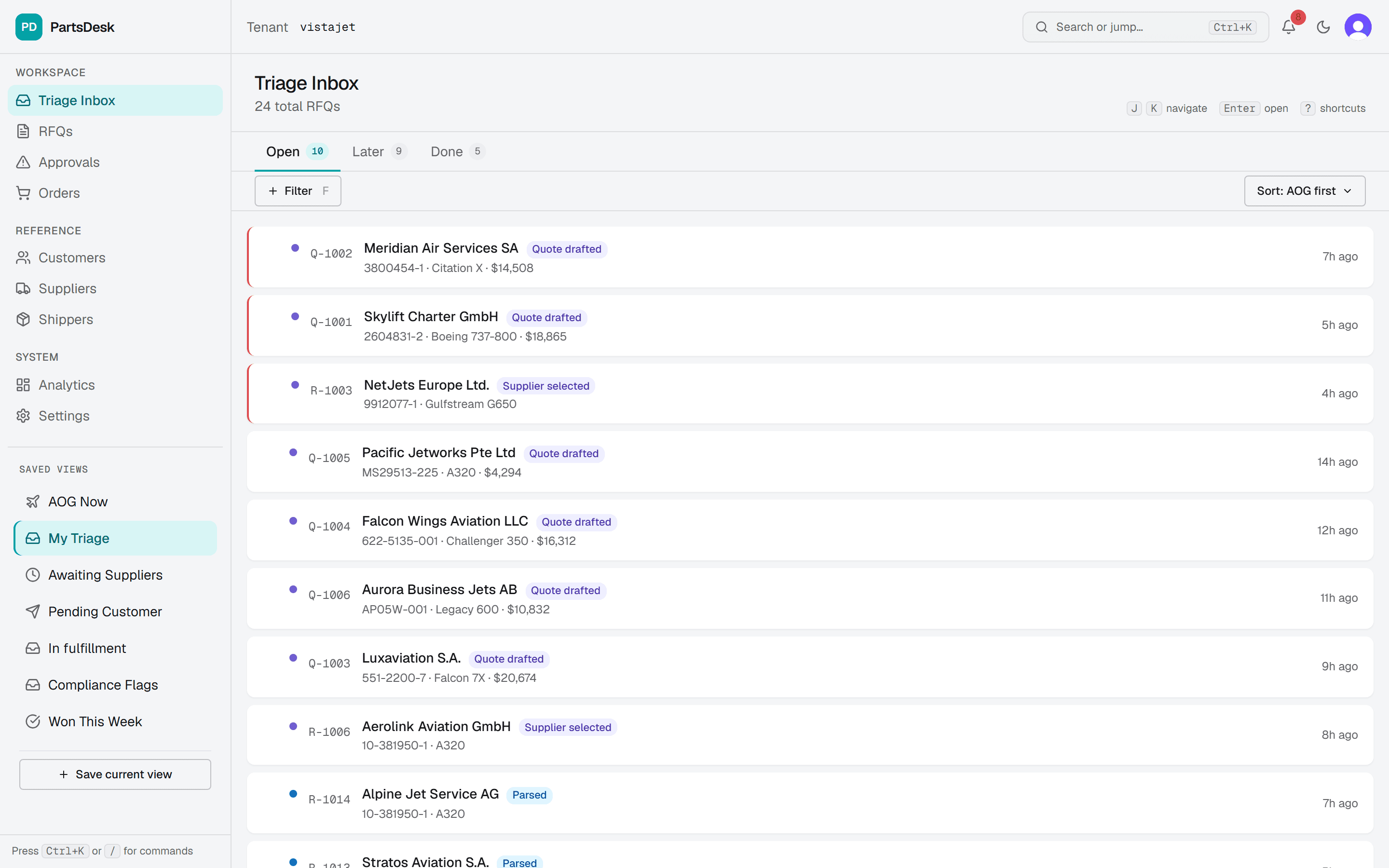 PartsDesk triage inbox — RFQs across the pipeline, AOG pinned to the top with real states.